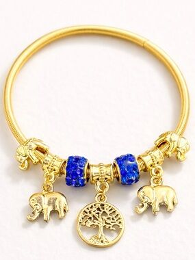 Gold Charm Bangle Bracelet Elephant Tree of Life Blue Rhinestone Beads